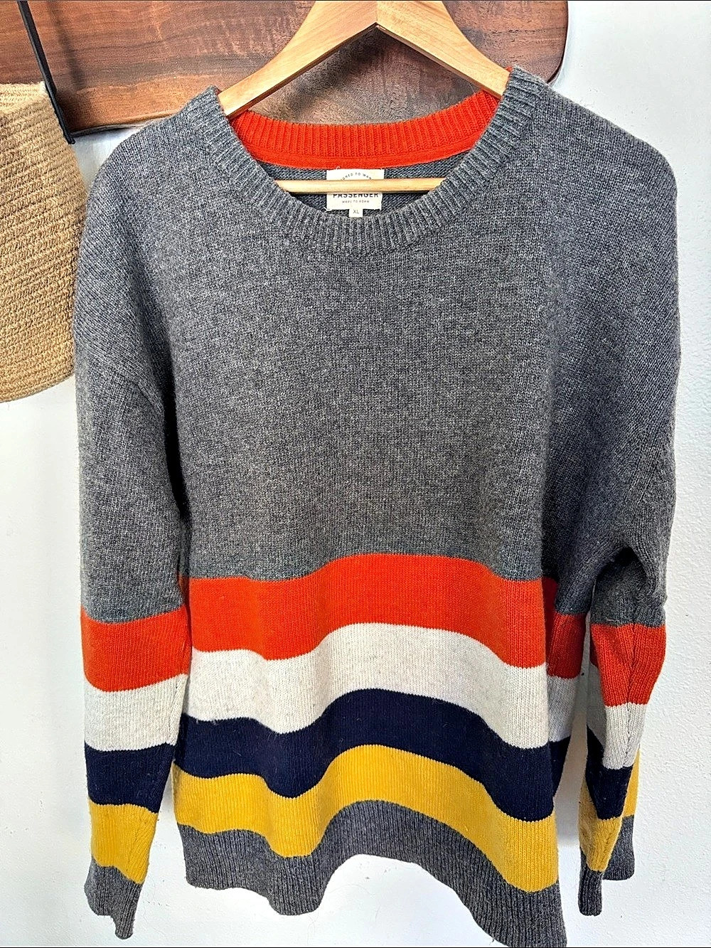 Passenger XL Wool Blend Colorblock Striped Crewneck Sweater Gray Rainbow